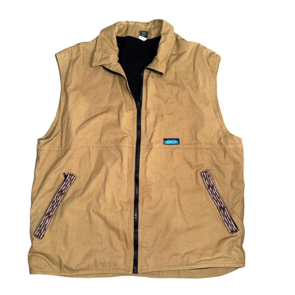 Kavu Canvas Vest Mens XL Tan Excellent Fleece Lined Made in USA Patterned Trim